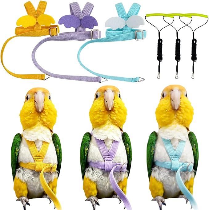 3 Pack Adjustable Bird Harness with Elastic Leash, Pet Parrot Harness and Leash, Adjustable Training Design Anti-Bite, Bird Nylon Rope with Cute Wing for Conure African Grey (XL)