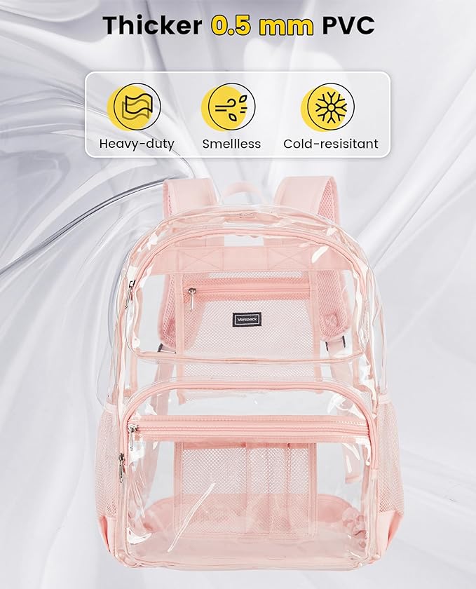 Vorspack Clear Backpack for School - Heavy Duty See Through Bookbag for Girls Boys Extra Large Transparent Backpacks for Work, Travel - Pink