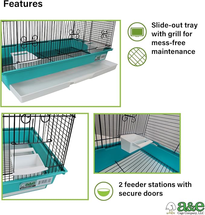 A&E Cage Co AE2614TT SP Blue Triple Top Bird Cage – 26" x 14" x 23" Decorative Small Bird Cage – Includes 2 Feeder Stations, 3 Wood Perches, Slide-Out Tray & Carry Handle (Teal)
