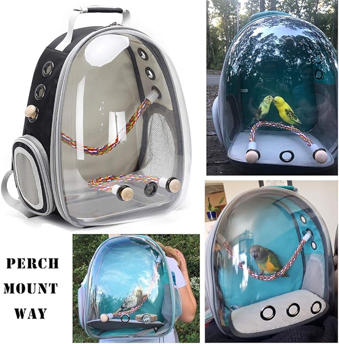 Bird Traval Carrier Cage, Clear Space Capsule Astronaut Backpack to Carry Parakeet Cockatiel Parrot with Metal Tray Bird Feeder Wood Perch, Vet Transport School Bag