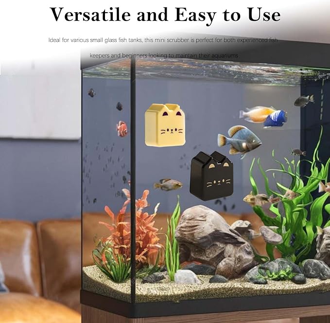 2 Pieces Cat Shape Aquarium Magnetic Brush - Double-Sided Algae Scraper for Glass Aquariums, Fish Tank Stain Cleaner, Mini Scrubber with Strong Magnetic and Scratch-Free (White Black)