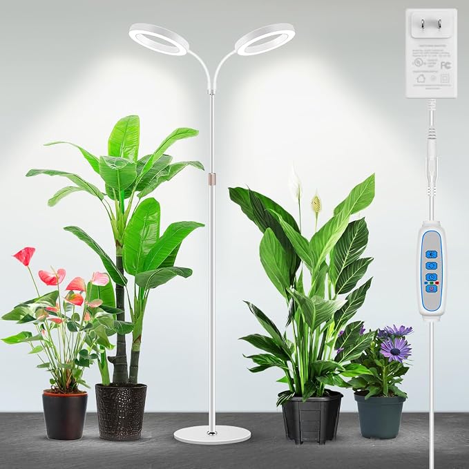 Plant Lights Indoor, Dual-Head Full Spectrum with Stand, 168 LEDs | 6000K Floor Grow Light, 3 Color Modes, Timer 6/12/16H, 5 Dimmable Levels, 67'' Adjustable Height, Gooseneck