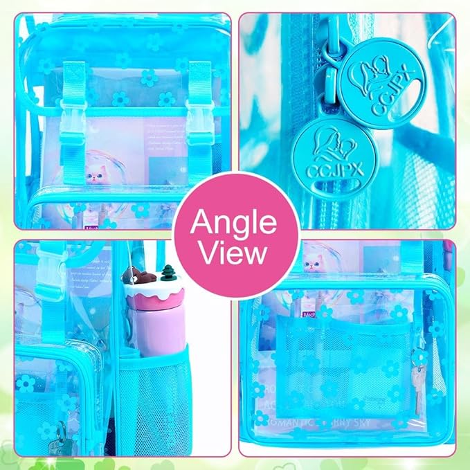 17" Plum Blossom Clear Backpack for Girls - 3Pcs Flip Design Stadium Approved Set, Campus/School Transparent Bookbag (Blue)