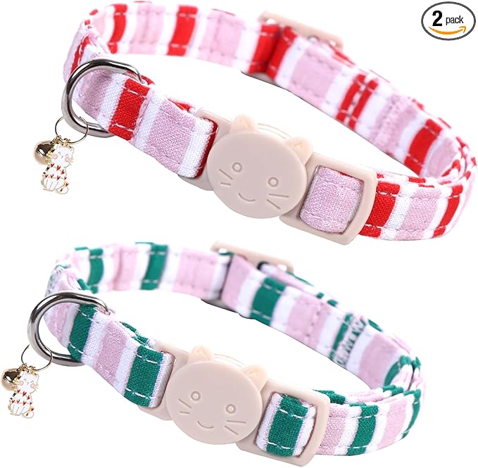 Elegant little tail 2 Pack Cat Collar-Pink Strip Cotton Breakaway Cat Collars with Bell Pendant Kitten Girl Cats Safety Adjustable Collar for Small Cats Puppy
