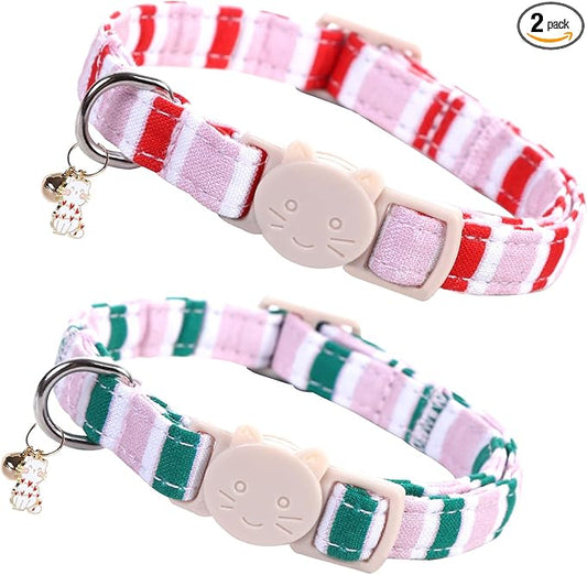 Elegant little tail 2 Pack Cat Collar-Pink Strip Cotton Breakaway Cat Collars with Bell Pendant Kitten Girl Cats Safety Adjustable Collar for Small Cats Puppy