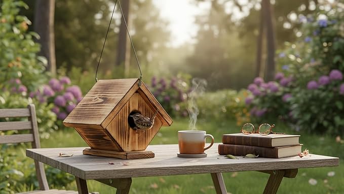 Wren Bird Houses for Outside, Golden Metal Hole Plate, Hanging Birdhouse for Outdoor, Cedar Wood Nest Box for Jay Wrens and Chickadees, Brass Entrance Stainless Cable Longtime Lasting
