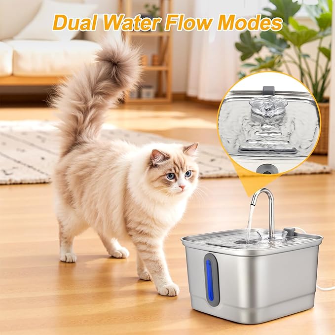 SEIRMEP Stainless Steel Cat Water Fountain, 101oz/3L Automatic Pet Water Fountain, Dog Water Fountain with Replacement Filters for Cats, Small Dogs (4 Filters and 4 Sponges)