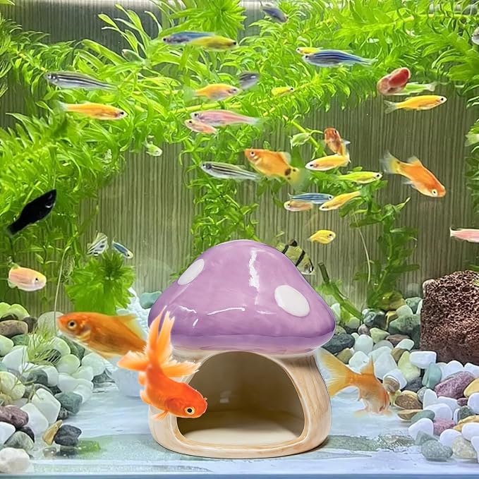 Betta Fish Tank Accessories, 4.33" Ceramic Mushroom Aquarium Decor, Purple | Hideout Cave Ornament for Small Fish, Shrimp, Hamsters & Reptiles – Aquarium Decor with Natural Look, Functional Shelter