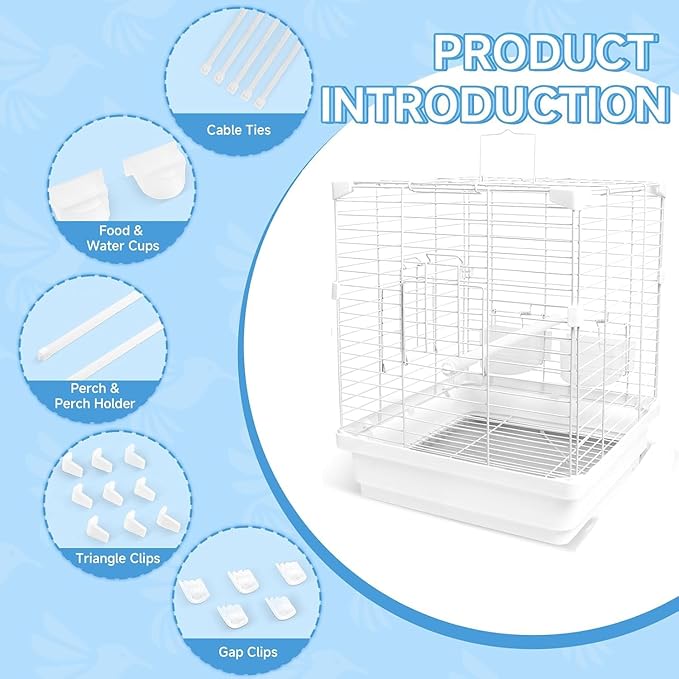 Small Bird Cage - 12x12x14.6 in Lightweight Travel Outdoor Birdcage for Parakeets, Budgies & Canaries and More Small Birds, Bird Carrier with Handle, Stand, Removable Tray, Portable for Hanging, White