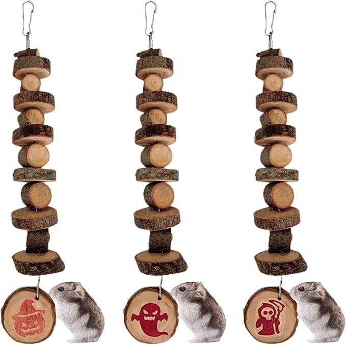 3pcs Small Animal Chews Toy,Natural Apple Wood,Block Cage Hanging Molars Treats Snack for Hamsters Rabbits Bird Chinchilla Squirrels for Halloween Holiday (Small Round Wood Model)
