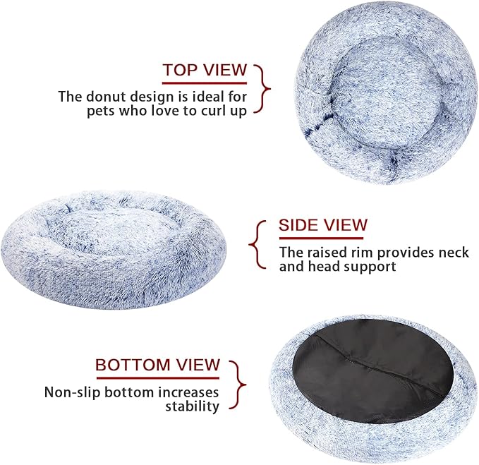 Bedfolks Calming Donut Dog Bed - 45 Inch Round Plush Dog Bed, Anti-Anxiety, Washable & Non-Slip (Navy Blue, Extra Large)
