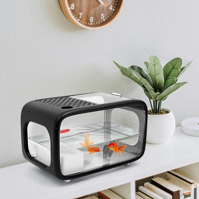 Desktop Fish Tank, 3.17 Gal Modern Aquarium Kit, Fish Bowl with Clear View Cover, Top Feeding Hole and Built-in Climbing Frame, for Small Aquatic Pets, Turtles, Shrimp Home Office Use