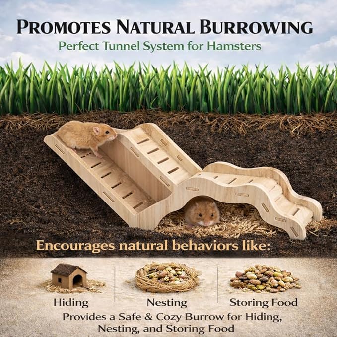 Large Size Syrian Hamster Explorer Set - Snap-Together Wooden Burrow with Panoramic Window,Natural Chew-Safe Design Decorative Landscaping Digging Peeping Hide Underground Fun for Cage Enrichment