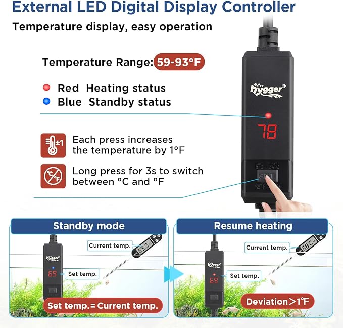 hygger Betta Aquarium Heater,25W/50W/100W/150W/ Removable Shell Submersible Fish Tank Heater with LED Digital Display,100W Suitable for 8-26 Gallon Freshwater and Saltwater Fish Tank