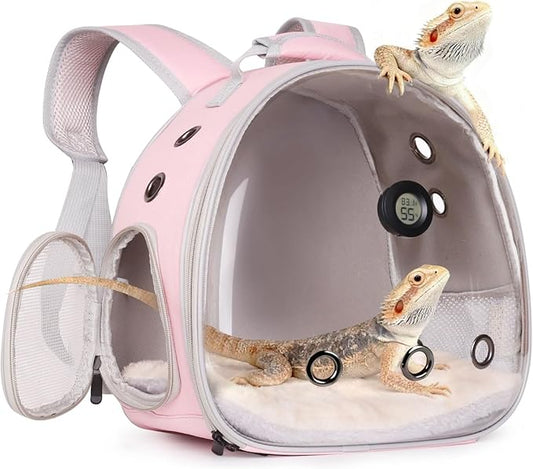 Bearded Dragon Travel Backpack Carrier with Reptile Thermometer and Humidity Gauge Lizard Travel Cage Space Capsule Clear Bubble Window Astronaut Reptile Carrier Bag for Ball Python (Pink, Backpack)