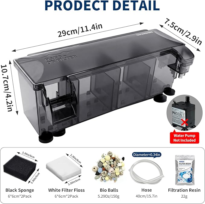 Hang-on-Back Aquarium Filter Box with Reusable Filter Media, Waterfall Oxygenation, Fits High & Low Water Level, for 10-20 Gallon Fish & Turtle Tank (Pump Not Included)