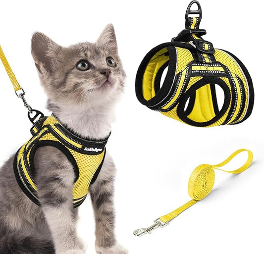 rabbitgoo Cat Harness and Leash Set for Walking Escape Proof, Adjustable Soft Kittens Vest with Reflective Strip for Cats, Comfortable Outdoor Vest, Bright Yellow, S