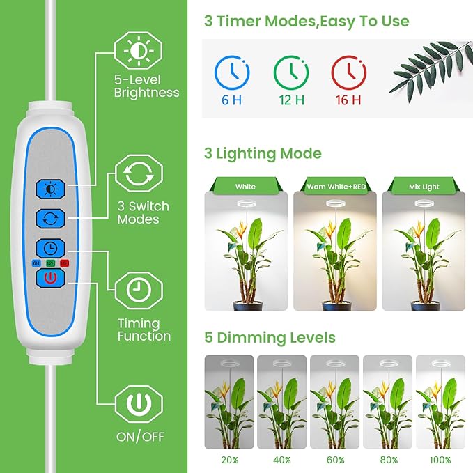 Aokrean Grow Lights for Indoor Plants, 6000K Full Spectrum Plant Grow Lights, Height Adjustable 10"-65" Growing Lamp, Automatic Timer 6/12/16Hrs, 5-Level Dimmable, Idea for Large Plant, 2 Pack