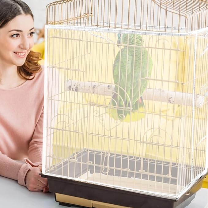 Daoeny 2PCS Bird Cage Seed Catcher, Large Bird Cage Cover, Adjustable Soft Airy Nylon Mesh, Birdcage Cover Skirt Seed Guard for Parrot Parakeet Macaw Round Square Cages (Black & White)