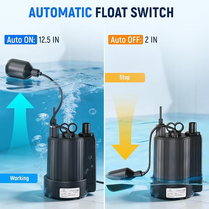 D-HONOR Sump Pump, Submersible Water Pump 1/3 HP 1600 GPH with Float Switch | Automatic Utility Pump for Pool, Pond, Garden, Flooded Basement, Aquarium, and Irrigation, with 10 Ft Power Cord