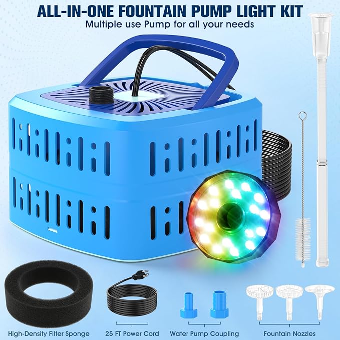 Pond Filter with Pump Fountain Kits,Pond Pump for Outdoor Ponds-Blue | 800GPH Pond Fountain Pump,3 Spray Modes&Water Drainage,18 RGB Cycling, IP68 Waterproof, Dry-run & Overheat Auto Shutoff