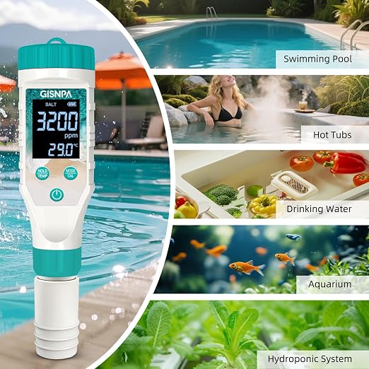 Chlorine Tester & Pool Salt Tester, Digital Pool Water Tester, Pool pH Tester 7 in 1 FAC Digital Salinity Tester for Saltwater Aquarium Sodium Chloride Swimming Pools Hot Tubs Spas