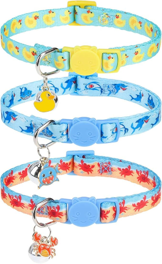 SCENEREAL Summer Breakaway Cat Collar with Bell, 3 Pack Adjustable Safety Cat Collar for Boy and Girl Cats, Cute Kitten Collar for Kitty Puppy Small Pets, Sharks & Ducks & Crabs