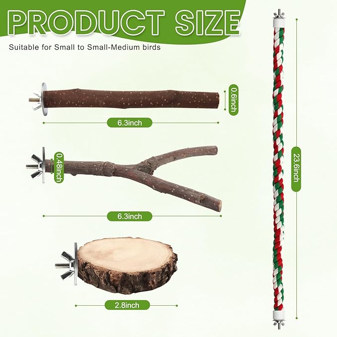 9PCS Apple Wood Bird Perches, Natural Parrot Stand & Chewing Toy with Multi-Branch, Straight Perch Stand, Platform & Climbing Rope, Cage Accessories for Parakeets, Cockatiels, Budgies