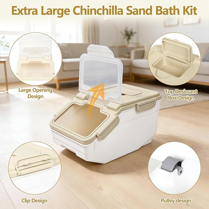 IOKHEIRA Extra Large Chinchilla Sand Bath Kit - Plastic Dust Bath House with Sand Cup & Shovel, Pet Shower Room for Hamster Hedgehog Guinea Pig Squirrel & Small Animals (White)