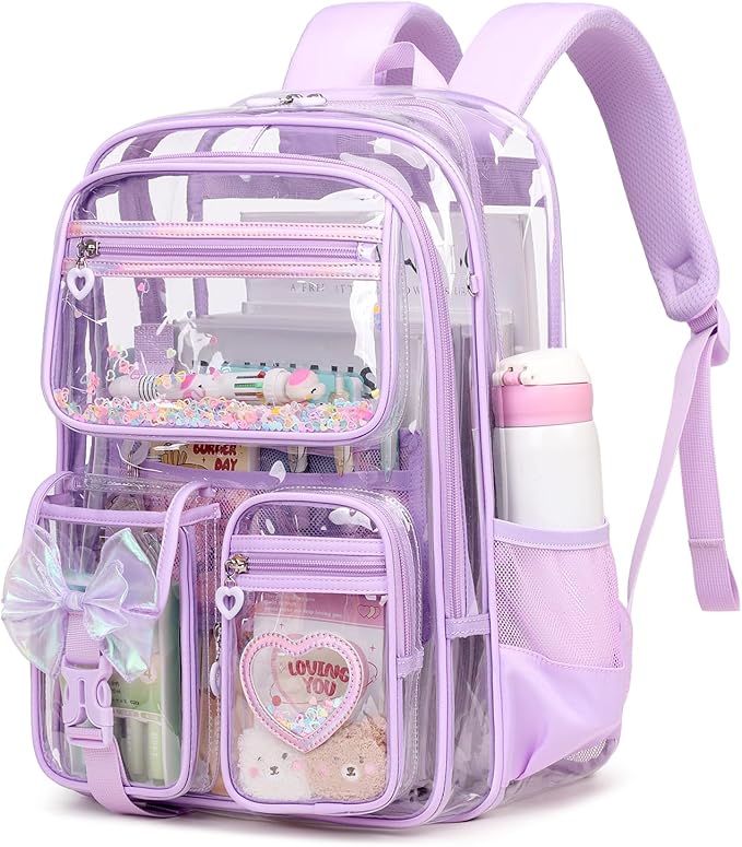 MOONBABY Clear Backpack for Girls, Clear Bookbag Heavy Duty Transparent Backpack for Stadium Events, See Through Back Pack for Kindergarten Elementary Middle High School, Purple