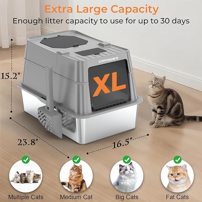 URPOWER Stainless Steel Cat Litter Box with Flip-Top Lid Extra Large Enclosed Litter Box Non-Sticky Metal Pan with High Sided & Scoop, Odor Free, Front & Top Entry, Anti-Leakage, Easy Cleaning
