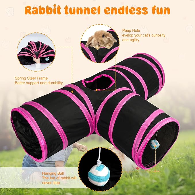 BWOGUE Bunny Tunnels & Tubes Collapsible 3 Way Bunnys Hideout Small Animal Activity Tunnel Toys for Dwarf Rabbits Guinea Pigs Kitty