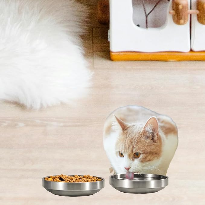 2 Pcs Whisker Fatigue Cat Bowl, 5.9 Inch Stainless Steel Cat Water Bowls, Shallow Cat Food Bowls Oval, Pet Bowls for Small Dogs Cats, Dishwasher Safe (Silver)