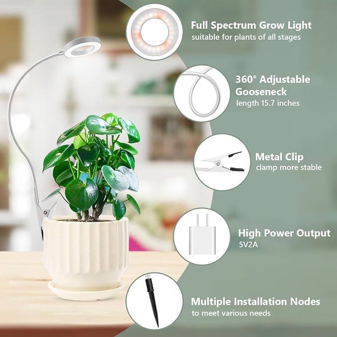 Grow Lights for Indoor Plants Growing, Full Spectrum LED, Clip on | White Halo Plant Lamp 3 Pack, 6/12/16H Timer, 5 Dimming, 3 Light Modes, 2 Installation Options Clip or Plug, 360° Gooseneck