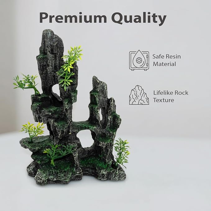 Aquarium Mountain View Stone Ornament, Large Resin Hideout Cave for Betta & Shrimp, Fish Tank Decor Rock Cave with Fish Cave and Hideouts (8.1" x 4.7" x 10")