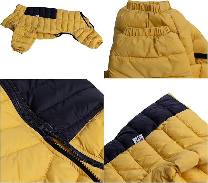 Lovelonglong Dog Coat - Warm Jacket, 4 Legs Covered Waterproof Windproof Reflective Dog Vest, Zippered Adjustable Outdoor Snow Jacket for Small to Large Dogs - Yellow