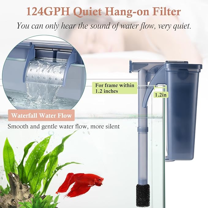 Silent Aquarium Hang-on Filter, 5W 124GPH Fish Tank Filter with Filter Media, Adjustable Fish Waterfall Filter for 10-20 Gallon Tank