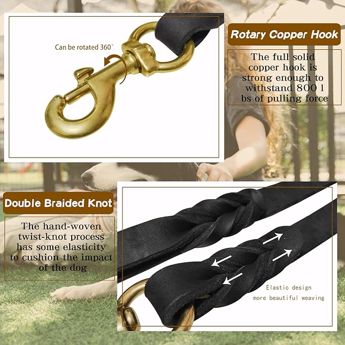 Leather Dog Leash - 6ft x 3/4 inch, Heavy Duty Genuine Leather Braided Dog Training Leash, Comfortable for Large, Medium, Small Dogs (Black, 6FT*3/4in)