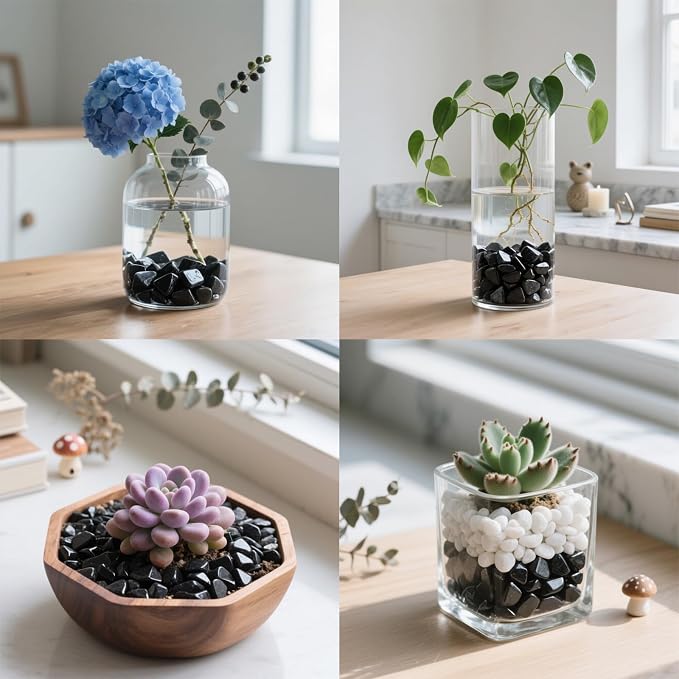 0.96LB Decorative Stones Fish Tank Gravel Succulent Rocks Natural Pebbles Vase Filler Aquarium Decor Crushed Quartz Polished Irregular Shaped Bulk - Black Obsidian