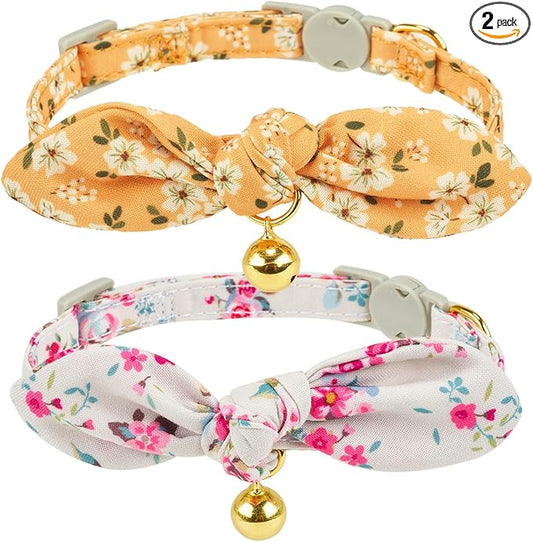 Bowtie Cat Collar with Bell, 2 Pack Cotton Breakaway Kitten Collars with Removeable Bow Girl Cat Collars, Floral Yellow & Beige