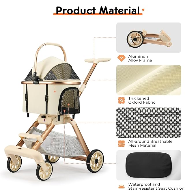 Pet Stroller for Small Dogs - 3 In1 Dog Stroller with Adjustable Handle and Detachable Carrier Car Seat, Foldable Cat Stoller with 5" Lockable All-Terrain Wheels