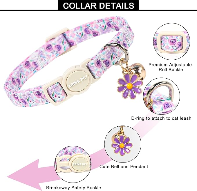 ARING PET 2 Pack Cat Collars with Bell, Cute Soft Cotton Kitten Kitty Breakaway Spring Summer Cat Collars for Boy Girl Cats-Pink & Purple Floral