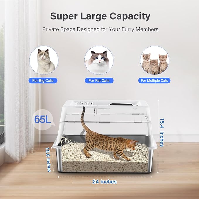 Aphyxen Stainless Steel Litter Box with Lid, XL Extra Large Enclosed Cat Litter Box Fits All Cats Modular Design with Flip Cover, Top Entry Metal High Sided Cat Box & Pedal & Scoop (White)
