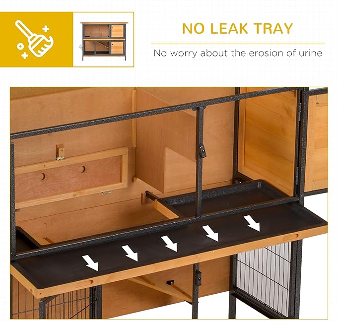 PawHut 48" 2-Story Large Rabbit Hutch Bunny Cage Wooden Pet House Metal Frame with Rooms, Ramp, No Leak Tray, Feeding Trough, Waterproof Asphalt Roof for Rabbits, Chickens, Ducks, Outdoor/Indoor