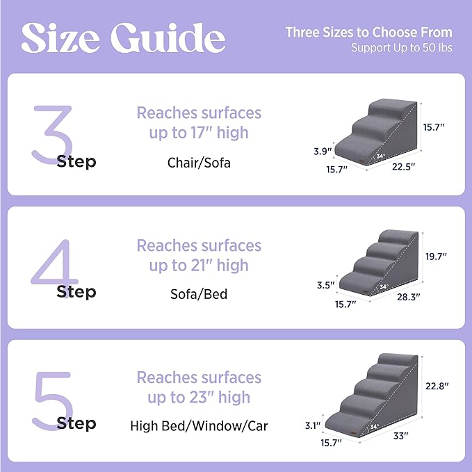 Lesure Dog Stairs for High Bed Pet Steps Ramp for Small Dogs with CertiPUR-US Certified Foam with Non-Slip Bottom, Grey, 5 Steps