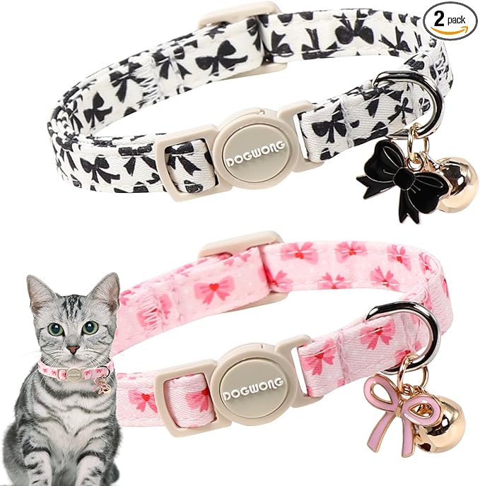 2 Pack Cotton Breakaway Cat Collar Pink and Black Heart Shaped Pendant Cute Kitten Cat Collar with Bell,Adjustable 7-12 Inch,Pet Supplies Accessories