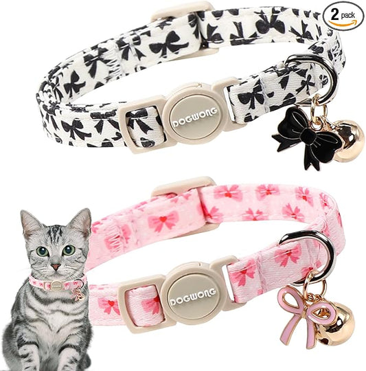 2 Pack Cotton Breakaway Cat Collar Pink and Black Heart Shaped Pendant Cute Kitten Cat Collar with Bell,Adjustable 7-12 Inch,Pet Supplies Accessories