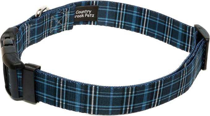 Country Brook Petz - Navy Plaid Everyday Dog Collar and Leash - Plaid and Argyle Collection Featuring Charming Designs (1 Inch, Medium)