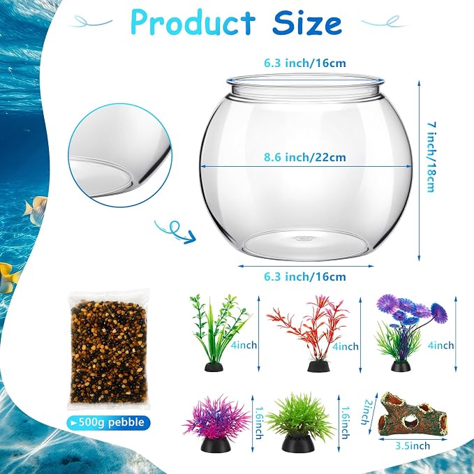 1 Gallon Plastic Betta Fish Bowl with 6 Pcs Artificial Plastic Plants and 500g Decorative Gravel, Betta Fish Tank and Decoration Accessories Small Large Bowl Ornaments Starter Kit
