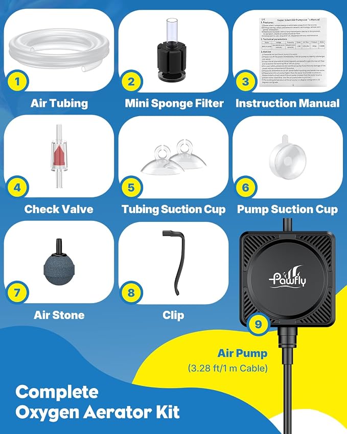 Pawfly 27 L/h Aquarium Air Pump, Mini Air Pump for 1-15 Gallon Fish Tanks | 1.3 W Ultra Quiet Portable Fish Tank Air Pump Oxygen Aerator Kit with Mini Sponge Filter Air Tubing Air Stone Check Valve